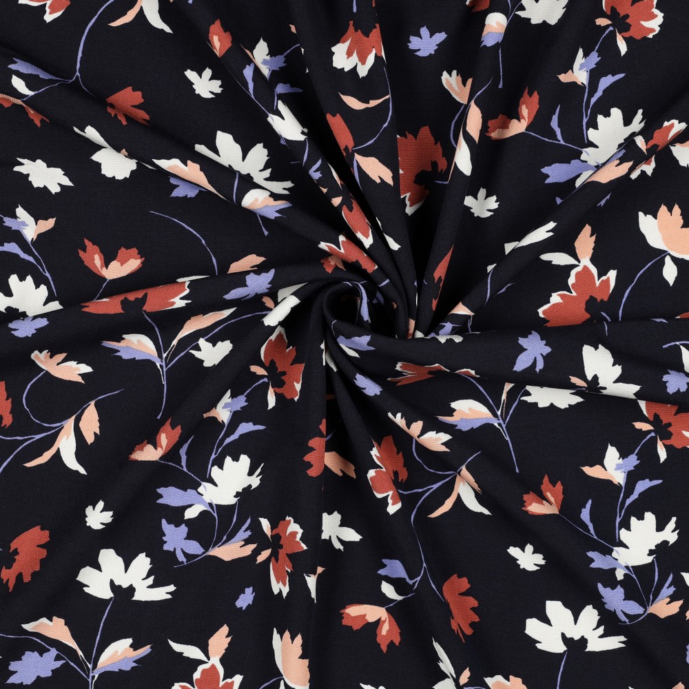 Popeline Viscose Stretch | Fleurs, bleu foncé 