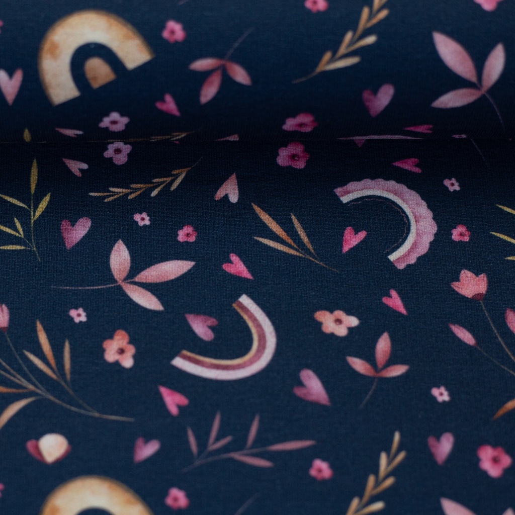 French terry | Svea by Swafing | Flowers and rainbows, dark blue