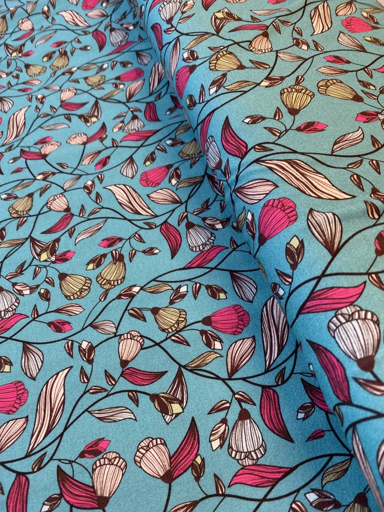 TDC Design, jersey viscose, vrilles de fleurs, bleu