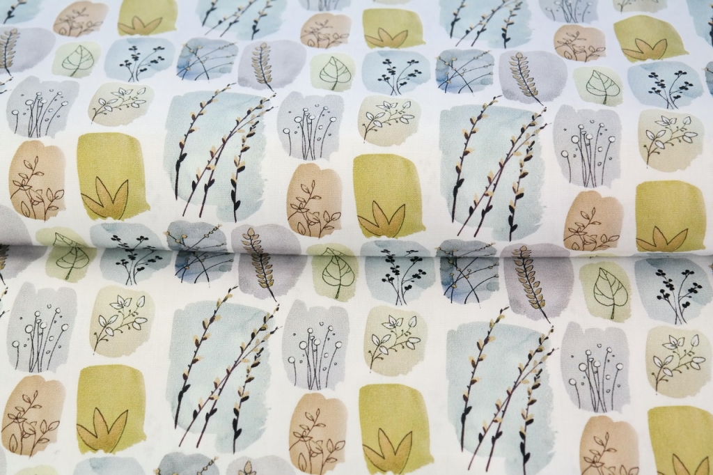 Cotton woven fabric, branches, flowers, autumn/spring plants