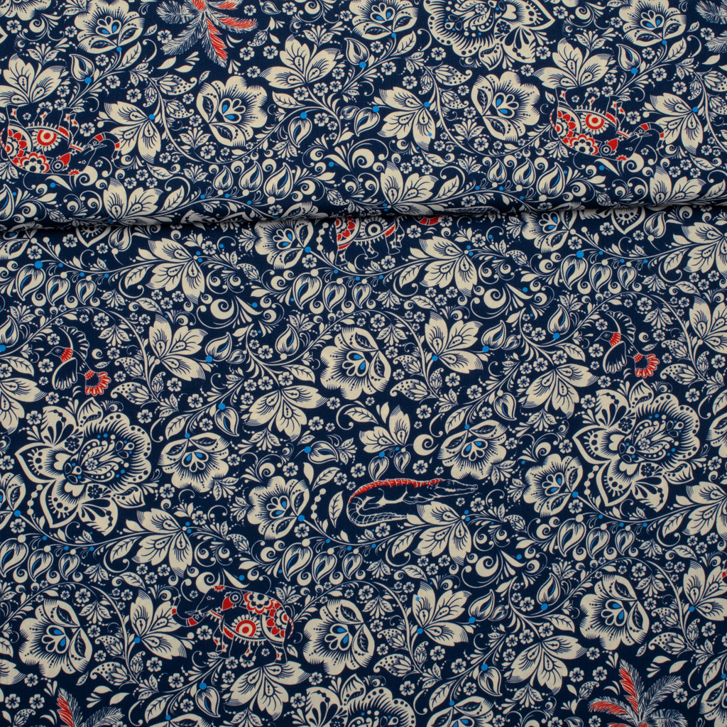 Viscose | Red and Blue Details by Editex Burda| Flowers, blue/red/white