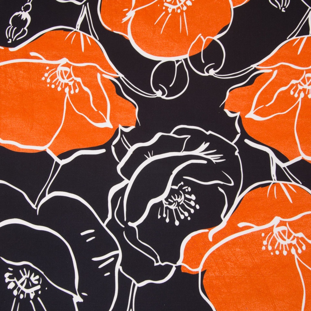 Satin de coton, coton stretch| Yuma par Hilco| Fleurs, noir/orange