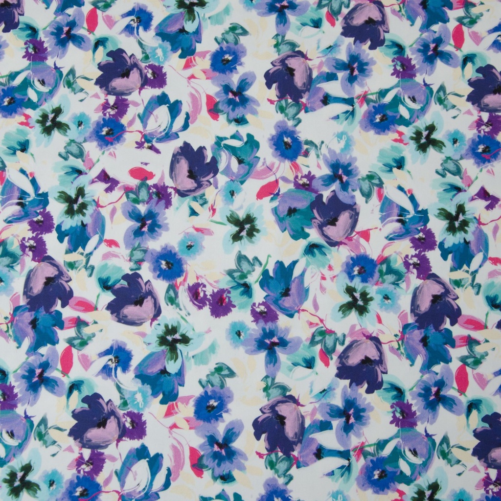 Satin de coton, coton stretch| Alva par Hilco| Fleurs, bleues