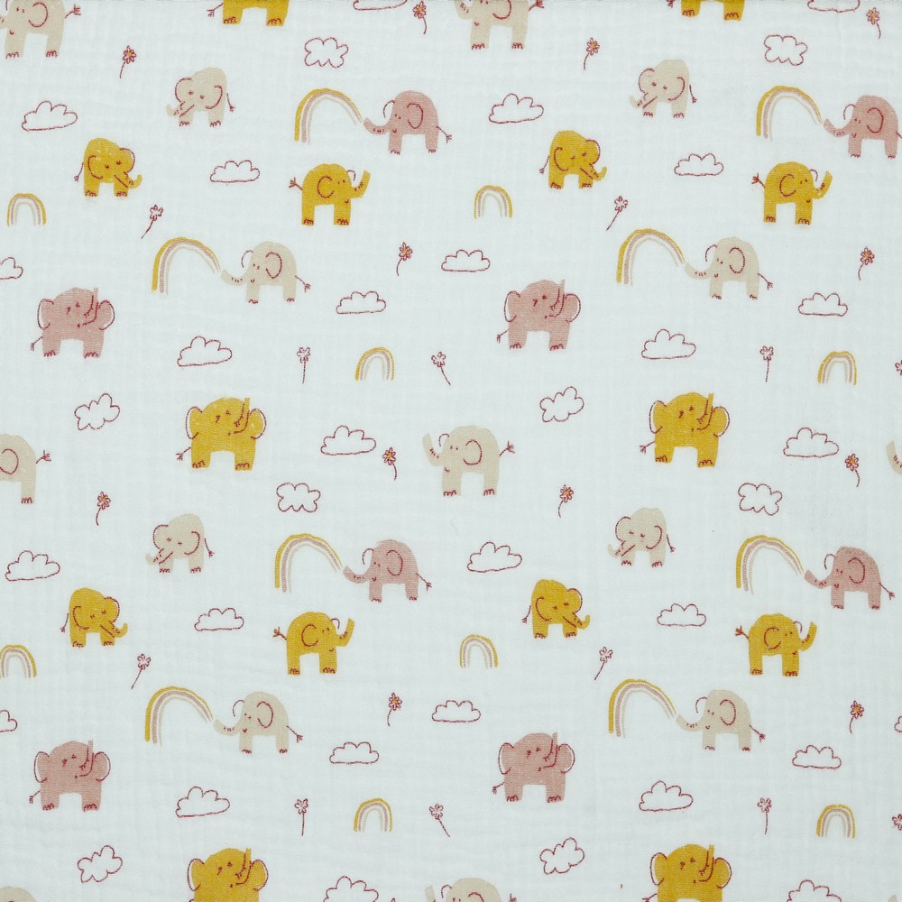 Double Gauze, Muslin | Elephants, rainbow, white/pink