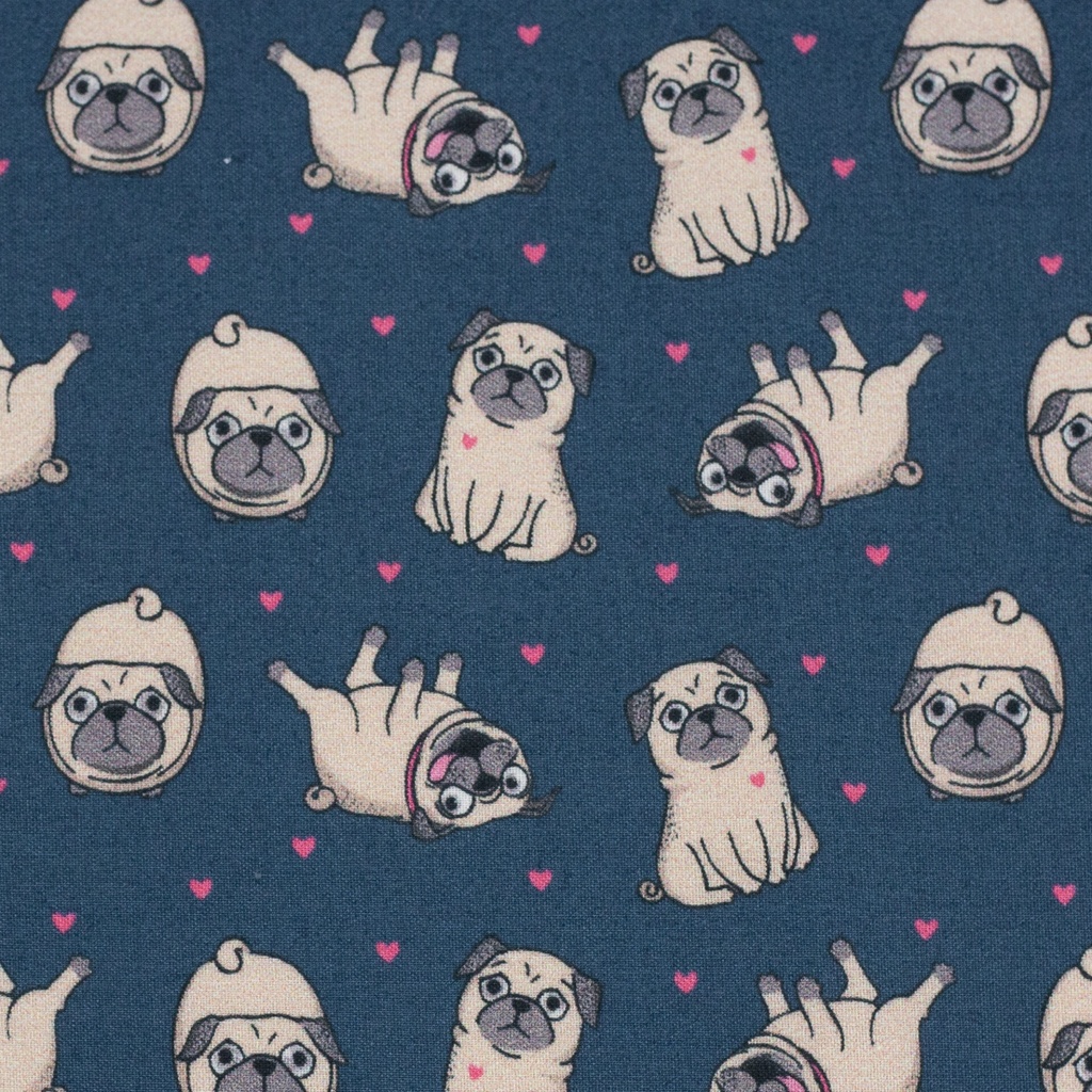 Kim, cotton woven fabric, pugs, dark blue