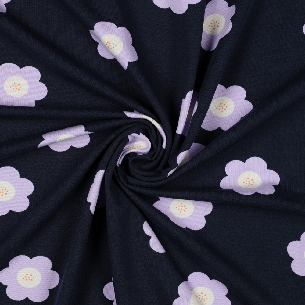 French Terry | Grandes fleurs | bleu, lilas