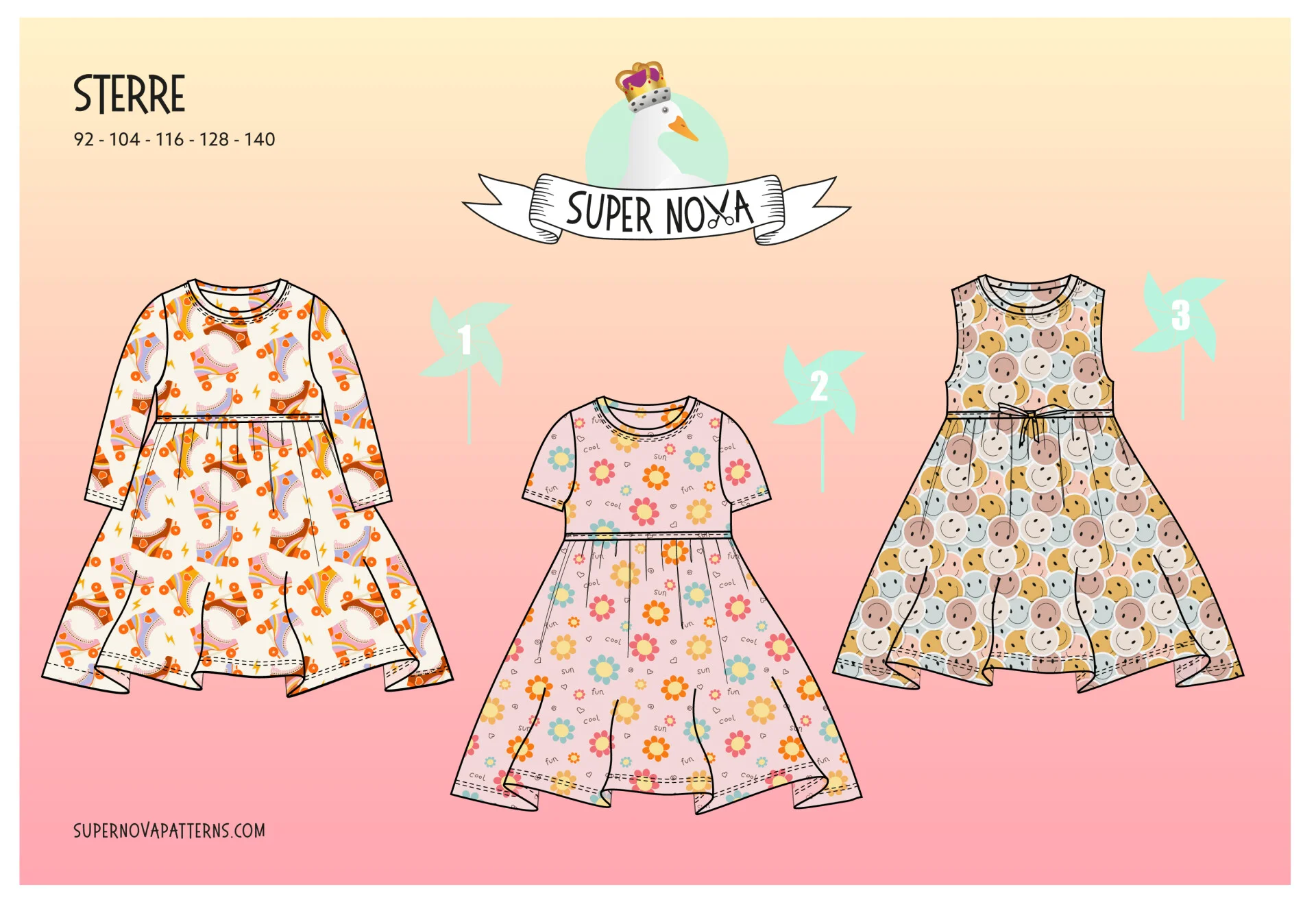 modèle de papier | Robe tournante Supernova Sterre (filles) 92-104- 116-128- 140 |