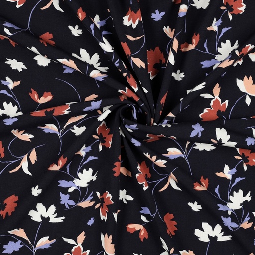 [05757] Popeline Viscose Stretch | Fleurs, bleu foncé 