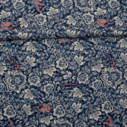 [0192188] Viscose | Red and Blue Details by Editex Burda| Flowers, blue/red/white