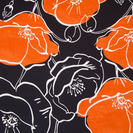 [3447/63] Baumwollsatin, Baumwollstretch| Yuma by Hilco| Blumen, schwarz/orange