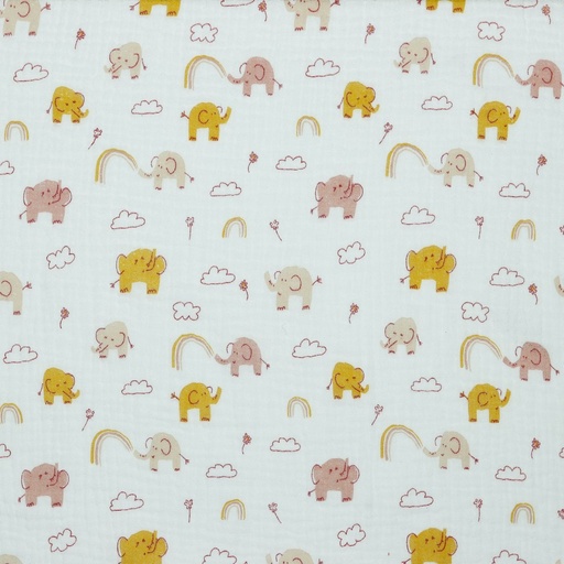 [08393.01] Double Gauze, Muslin | Elephants, rainbow, white/pink