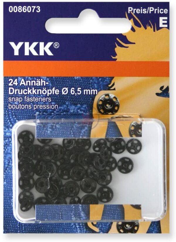YKK 86073 Annäh-Druckknöpfe Messing 6,5 mm schwarz, 24 Stück