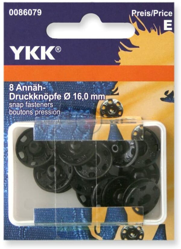 YKK 86079 Annäh-Druckknöpfe Messing 16,0 mm schwarz, 8 Stück