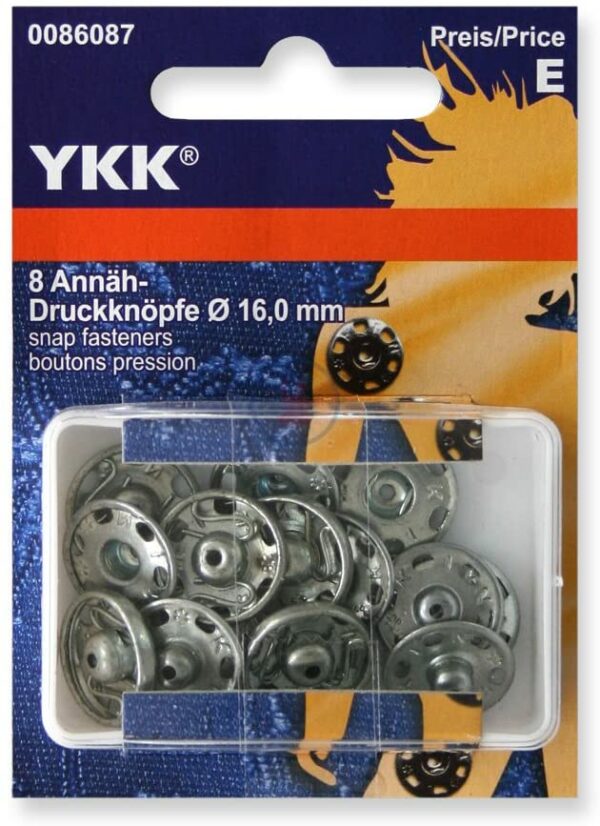 YKK 86087 Annäh-Druckknöpfe Messing 16,0 mm silber, 8 Stück